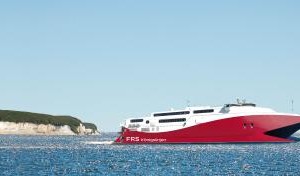 Kristiansand, Norway - 30.06.2018: Fast catamaran HSC Fjord Cat from Hirtshals to Kristiansand, Norway
